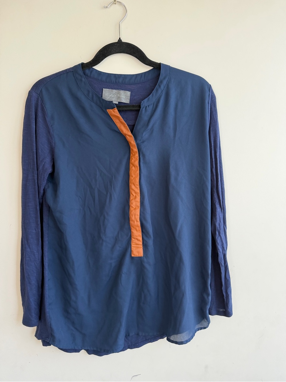 Anthropologie/Sunday in Brooklyn Navy Blouse with Tan Faux Leather Trim